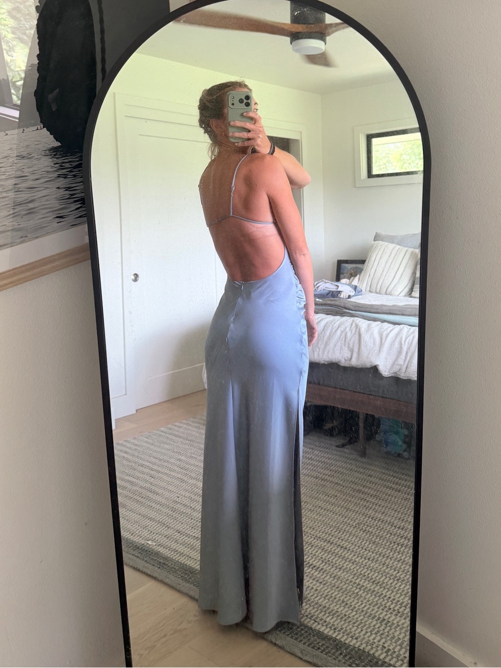 NWOT - bec + bridge Light Blue Satin Maxi Slip Dress with Open Back